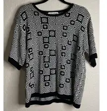 Vintage Womens Joan Leslie 1X Black Sequin Geometric Sweater Short Sleeve Career