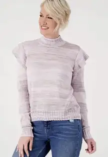 Candace Cameron Bure Ruffle Shoulder Mock-Neck Sweater Purple Multi, XXS A518429  Description Fall is calling. What better way to answer than with this chill-chasing sweater? Flaunting unexpected ruffles on the shoulders, it's not only an essential pick for cooler weather, but it's fun (and flattering), too. Fabrication: sweater Features: mock neck, ruffle detail on shoulder, jersey stitch body Fit: semi-fitted; follows the lines of the body with added wearing ease Length: missy length 22.5" to 24.6"; plus length 25" to 28.5" Content: 74% polyester/26% acrylic Care: machine wash, dry flat Imported