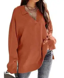 NEW V Neck Collared Oversized Knit Pullover Tunic Sweater S