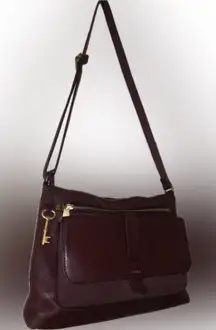 Fossil Kinley Leather Crossbody Pebbled Suede Flap Messenger Bag w Key Burgundy