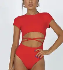 Princess Polly Nicola Bodysuit Red Cutout Waist Short Sleeve Ribbed Snaps Summer