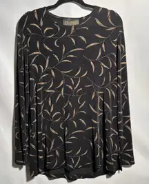 VTG Picadilly Black Botanical Print Long Sleeve Top Blouse Size M Slinky 90s Art