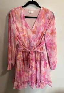 Japna Tiered‎ Knee Length Long Sleeve Flowy Tie Dye Pink Orange Tie Front Dress
