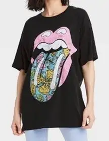 The Rolling Stones Graphic T-Shirt L/XL Black Band Tee Rock & Roll Floral Tongue
