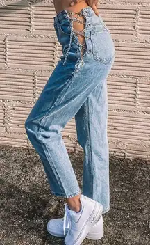 High Waist Chain Lace Up Side Denim Jeans