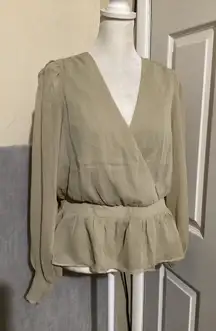 EXPRESS Womens Long Sleeve V Neck Wrap Peplum Top Beige Size Medium