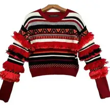 Haute Rogue Women's Sweater Striped Pullover Boho Fringe Sz M Red Orange Crew Nk