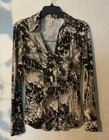 Cache Pearl Snaps Blouse Taupe Chains Leopard Mix Print Shirt Top