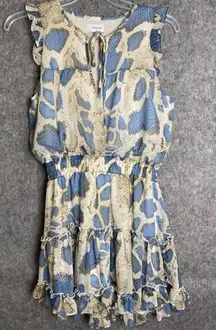 Adrienne Sleeveless Blue White Mini Dress‎ Snake Print Ruffle Trim Tiered M