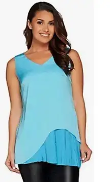 H by Halston Woven Sleeveless Tunic with Pleated Detail Surf Blue Size 12