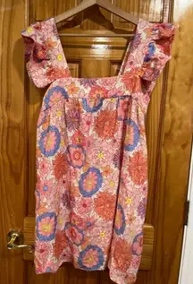 Tuckernuck Floral Linen Blend Mini Dress Puff Sleeve Square Neck Size S