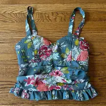 BOG Collective Women XS Green Floral Smocked Ruched Ruffle Boho Crop Tank Top