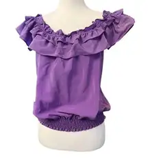 LAVENDER BROWN NWT 100% SILK ruffled purple womens top size large