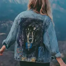 Miss Fit NYC Hand-Painted Denim Jacket with Dog Design NWT