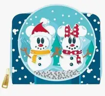 Loungefly, Disney Mickey & Minnie Mouse Snowman Globe Zip Around Blue Wallet