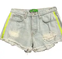 Free People NWT Sandrine Rose distressed light wash denim shorts neon zipper 26