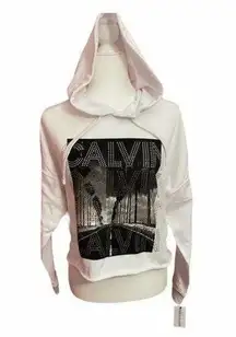 White Spellout Semi Cropped Raw Hem Rhinestone Hoodie Size S