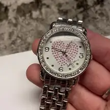 Woman’s Cookie Lee Watch Pink Heart - Rhinestone / Silver Tone