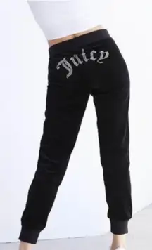 Y2K Gothic Crystal Juicy Couture Black Label Velour Track Pants Rhinestones S