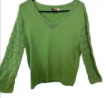 Jennifer Moore Green Y2K Boho Knit Crochet Sheer Lace Long Sleeve Sweater Top