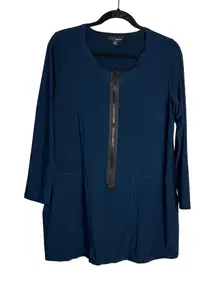 Sun Kim Tunic Top Size M Blue Long Sleeve Pockets‎ Zip Front Lagenlook Artsy USA
