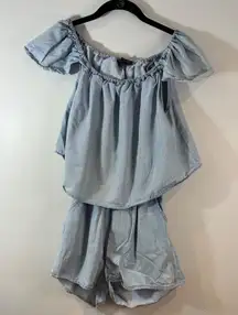 Romeo + Juliet Chambray Off‎ Shoulder Open Back Romper- Blue - S