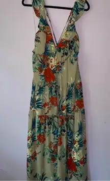 Filly Flair Size L Maxi Dress Tan Tropical Floral Ruffle Tiered Open Back