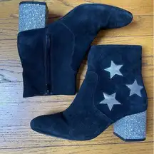 & Other Stories Black Heeled Booties w/ Glitter Block Heels & Silver Stars Sz 8