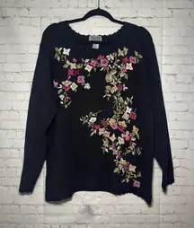 Vintage 90's Fashion Elements Black Floral Embroidered Long Sleeve Sweater Sz LG