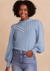 SUMMERSALT Year Round Balloon Sleeve Pom Pom Sweater Top Blue Medium NWT $125