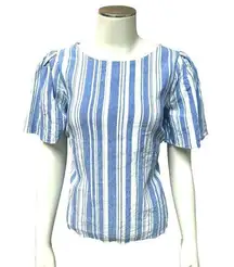 Cabi Striped Linen Blend Top S Blue & White Short Sleeve Keyhole Back