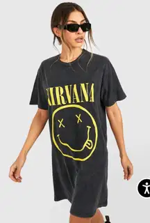 Boohoo Nirvana Acid Wash Slogan Smiley Oversized T-Shirt Dress in Size US 6
