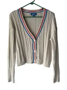 Prince Sweater Medium Cable Knit Cardigan Red Blue Stripe Trim Tennis‎ Preppy