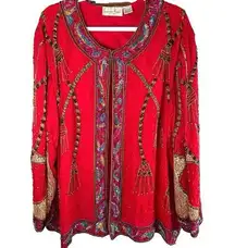 Laurence Kazar Vintage Red Silk Beaded Embellished Cardigan Jacket Plus Size 4X