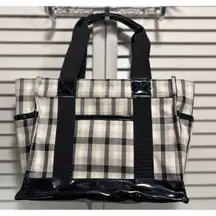 Koko Plaid Insulated Lunch Tote Bag Tan/Blk Pockets‎ Cinch Close Extension