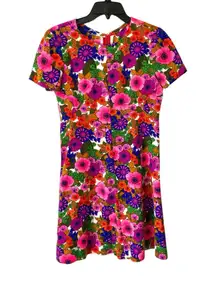Vintage 60s 70s Psychedelic Groovy Hot Pink Handmade Floral Short Sleeve Dress