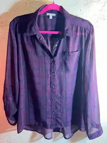 Halogen Purple Plaid Blouse sheer button front loose fit night out flowy M
