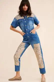 Free People X Tricia Fix Bandana Denim Jumpsuit Coveralls Size XL Western Boho
