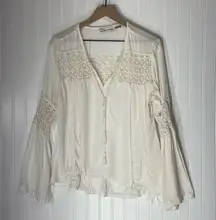 Vintage Havana Ivory Boho Peasant Top L Lace Bell Sleeves Coastal Cowgirl‎ Chic