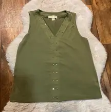 Michael Kors Blouse Medium V‎ Neck Gold Stud Sleeveless Green Shirt Top