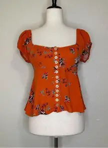 Free People  Close to You Orange Floral Button Front Top