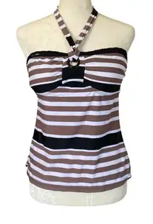 Island Waves women's size 8 black brown white striped tie neck tankini swimsuit