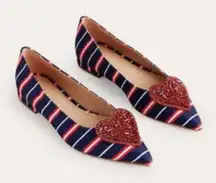 Boden Heart Sequin Pointed Toe Flats Red Blue Striped Fabric US 12 New in Box