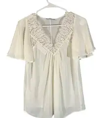 Mango White Lace Applique Flutter Short Sleeve V-Neck Blouse Women Sz 2