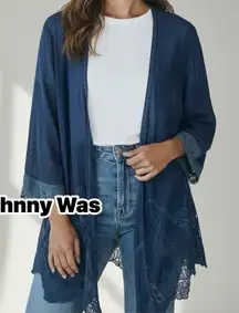 Johnny Was Navy Blue Embroidered Lace Kimono Women's Size Large Boho‎ Open Front