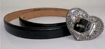 Justin Black Leather Western Belt Silver Heart Buckle Size 34 VGUC