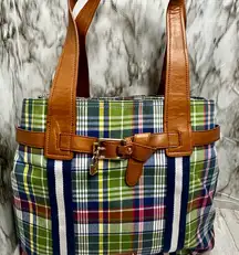 Tommy Hilfiger Green Blue Plaid Tote Preppy Nautical Checked Classic Belt Detail