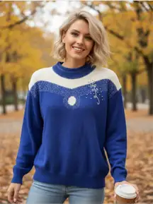 Vintage 80s/90s Koret Beaded Sweater in Purple & Cream – Women’s Size Small