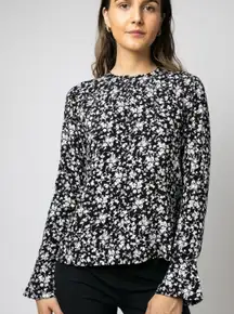 Ganni Printed Crepe O Neck Blouse floral black white sz