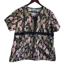 White Swan Women Scrub‎ Top XL Foliage Print Medical Uniform Nurse Workwear Fall